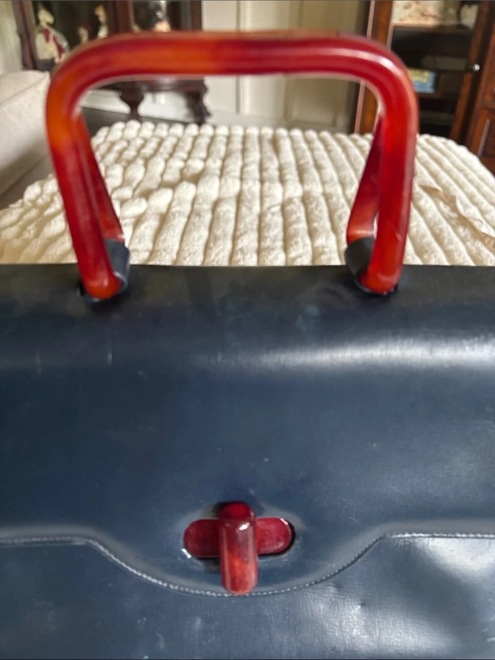 Vintage retro Classic Navy Leather Top-Handle Bag with Red Accent